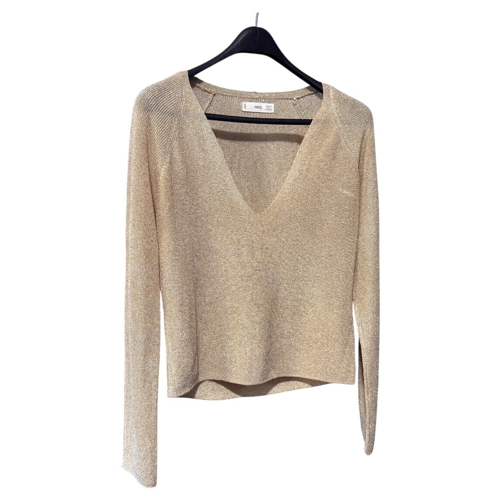 MNG Women's Sparkly Gold V Neck Long Sleeve Knit Sweater Top‎ Size S